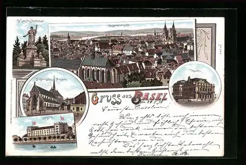 Lithographie Basel, St. Jacobs Denkmal, Gesamtansicht, Theater, Kaserne