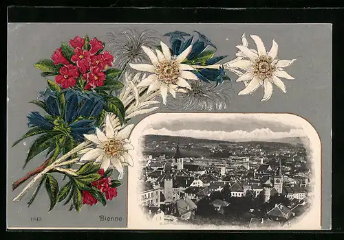 Passepartout-Lithographie Einsiedeln, Gesamtansicht mit Kloster, Blumenstrauss mit Edelweiss