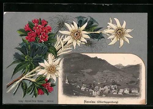 Präge-AK Nesslau, Ortsansicht im Rahmen mit bunten Blumen