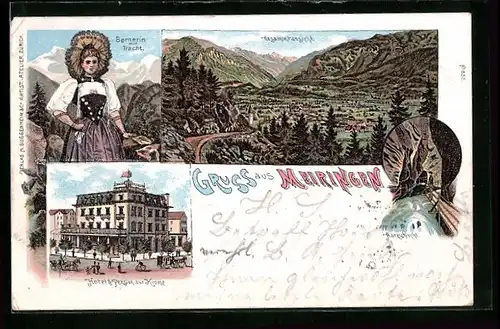 Lithographie Meiringen, Hotel zum Weissen Kreuz, Aareschlucht, Gesamtansicht