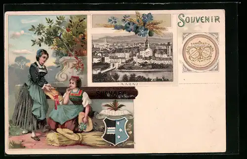Passepartout-Lithographie Aarau, Ortsansicht, Zwei Damen in Tracht, Cacao Suchard, Wappen