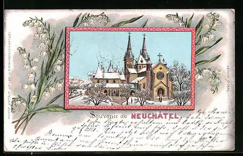 Lithographie Neuchâtel, Kirche im Winter