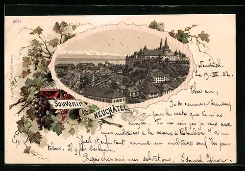Lithographie Neuchâtel, Ortsansicht mit Schloss