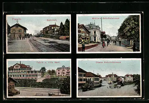 AK Flawil, Bahnhof, Mittlere Bahnhostrasse, Fabrik und Villa Naef