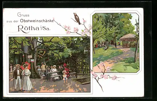 Künstler-AK Rötha i. Sa., Gäste in der Obstweinschänke