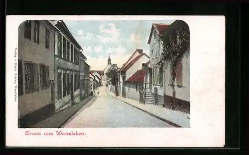 Lithographie Wanzleben, Strassenpartie im Ort