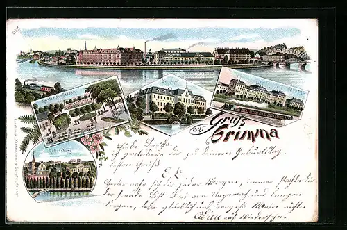 Lithographie Grimma, Totalansicht, Kaserne, Kloster Nimbschen