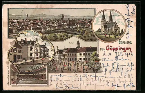 Lithographie Göppingen, Ortsansicht, Rathaus, Schwimmbad, Oberhof Kirche