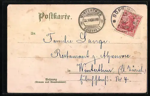 Lithographie Göppingen, Ortsansicht, Rathaus, Schwimmbad, Oberhof Kirche
