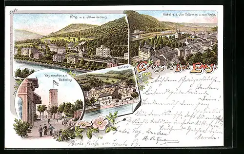 Lithographie Bad Ems, Teilansicht mit Hotel z. d. vier Thürmen, Restauration a. d. Bederley