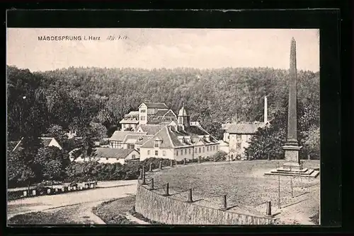 AK Mägdesprung i. Harz, Ortsansicht mit Obelisk