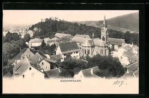 AK Badenweiler, Ortsansicht mit Kirchturm und Ruine
