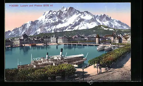 AK Luzern, Ortsansicht mit Pilatus und Dampfer
