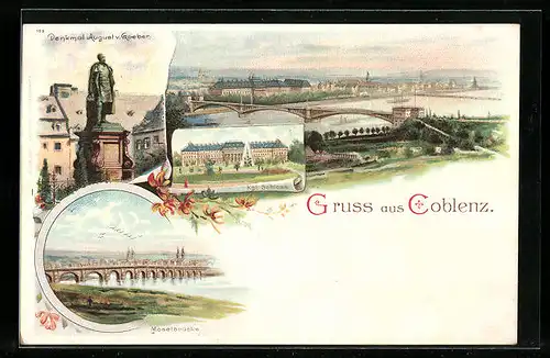 Lithographie Koblenz, Denkmal August v. Goeben, Königliches Schloss, Moselbrücke