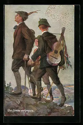 Künstler-AK Junge Wandersleute der Sonne entgegen