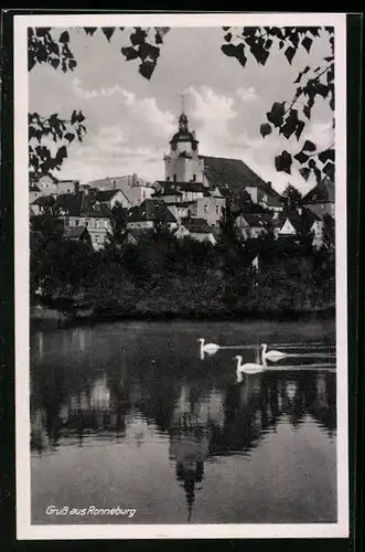 AK Ronneburg, Ortspartie und Schwäne auf dem Teich