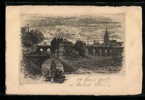 AK Frankfurt a. M., Flusspartie mit Brücke