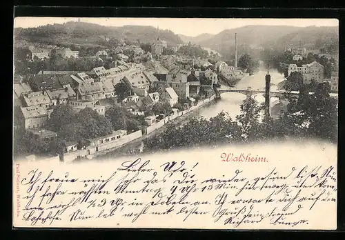 AK Waldheim, Ortsansicht und Flusspartie mit Brücke aus der Vogelschau