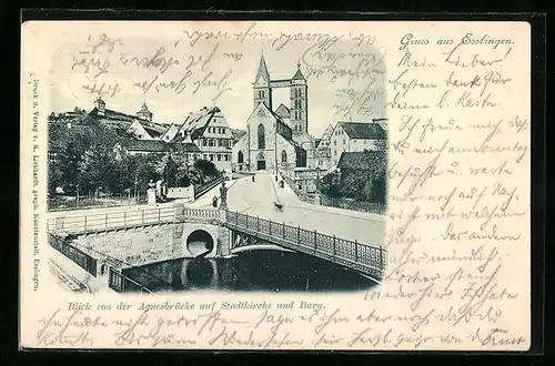 AK Esslingen, Blick von der Agnesbrücke auf Stadtkirche und Burg
