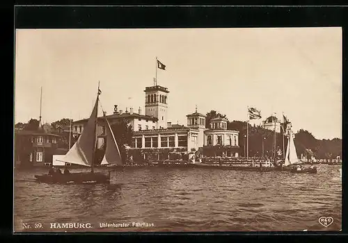 AK Hamburg, Segelschiff vor dem Ulmenhorster Fährhaus