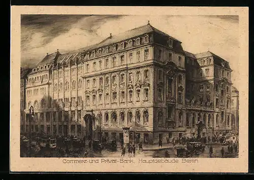 Künstler-AK Berlin, Hauptgebäude der Commerz- und Privatbank, Behrenstrasse Ecke Charlottenstrasse