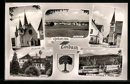 AK Lindach, Ortsansicht, Dorfkirche, Gasthaus z. Adler u. Kirche, Schloss, Blick z. Hornberg u. Stuifen