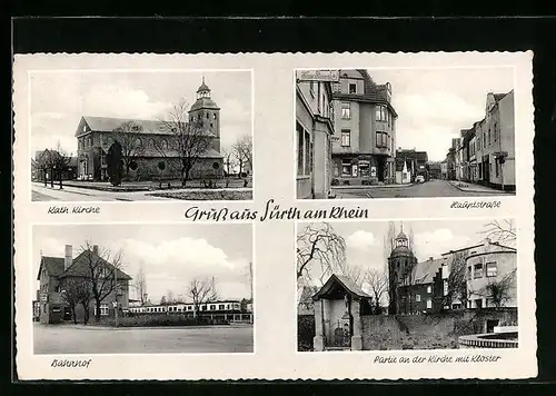 AK Sürth am Rhein, Kath. Kirche, Hauptstrasse, Kirche mit Kloster, Bahnhof