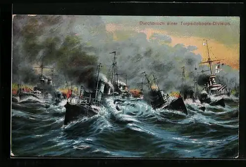 Künstler-AK Serie: Unser Marine, Durchbruch einer Torpedoboots-Division
