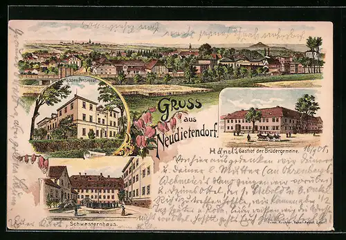 Lithographie Neudietendorf, Gasthof der Brüdergemeinde, Mädchen-Pensioant und Schwesternhaus