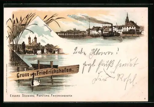 Lithographie Friedrichshafen, Schloss, Uferpartie mit Dampfer