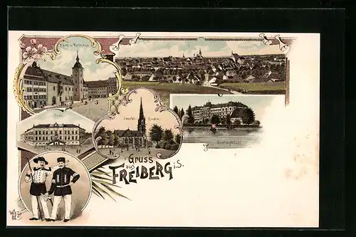 Lithographie Freiberg i. S., Jacobi-Kirche, Justizgebäude, Post