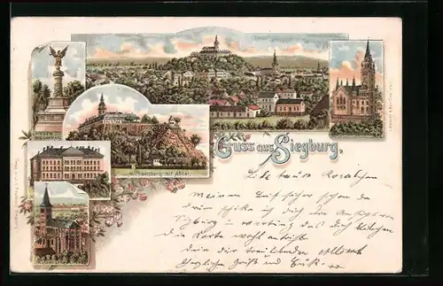 Lithographie Siegburg, Lehrer-Seminar, Kriegerdenkmal, Michaelsberg mit Abtei