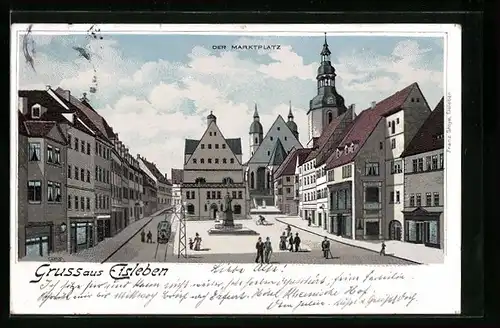 Lithographie Eisleben, Der Marktplatz mit Denkmal