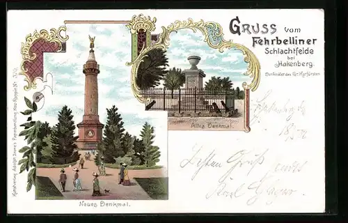Lithographie Hakenberg, Fehrbelliner Schlachtfeld, Denkmäler des Grossen Kurfürsten, Neues Denkmal, Altes Denkmal