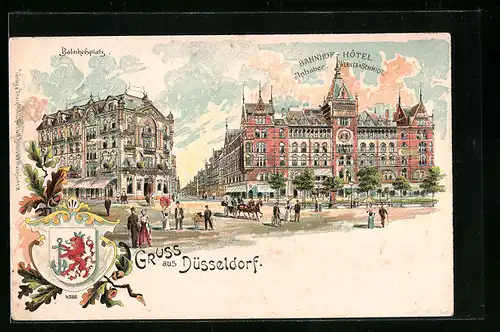 Lithographie Düsseldorf, Hotel Bristol und Bahnhofs Hotel am Bahnhofsplatz