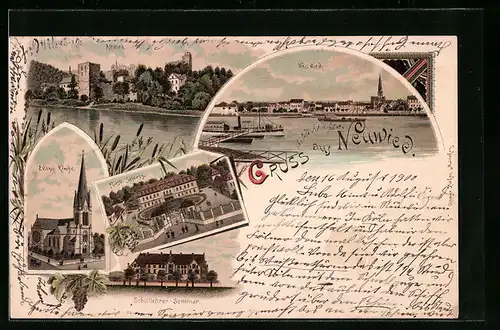 Lithographie Neuwied, Fürstliches Schloss, Schullehrer-Seminar, Evangelische Kirche