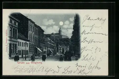 Mondschein-AK Siegburg, Strassenpartie mit Passanten