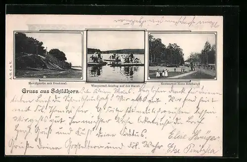 AK Berlin-Grunewald, Schildhorn, Restaurant Hans Ritzhaupt, Wasserrad-Ausflug auf der Havel, Havelpartie mit Denkmal