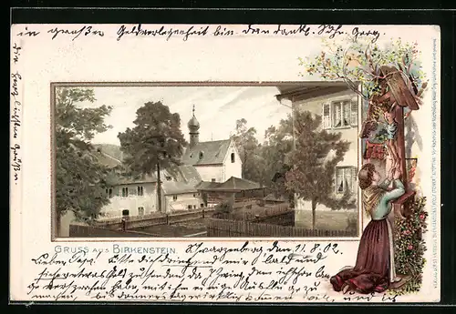 Passepartout-Lithographie Birkenstein, Ortspartie mit Kirche, Mädchen am Wegkreuz