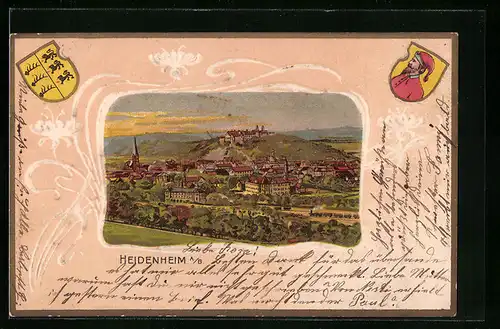 Passepartout-Lithographie Heidenheim a. B., Panoramablick auf den Ort, Wappen