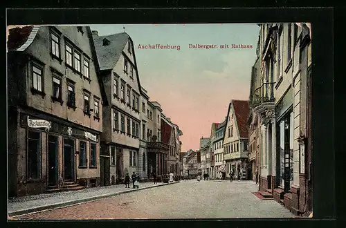 AK Aschaffenburg, Dalbergstrasse mit Restaurant und Rathaus