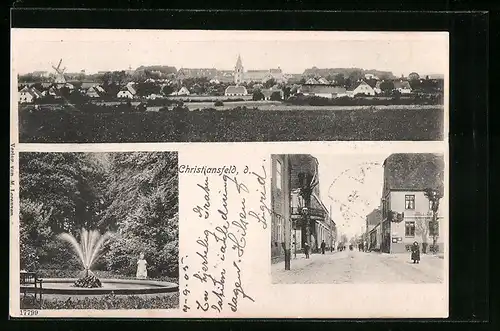 AK Christiansfeld, Park mt Springbrunnen, Blick in eine Strasse, Panorama