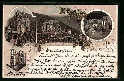 Lithographie Wierschem, Burg Eltz Westseite, Inneres Rittersaal, Eingang