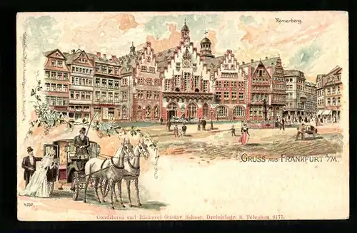 Lithographie Frankfurt a. M., Römerberg mit Hochzeitskutsche