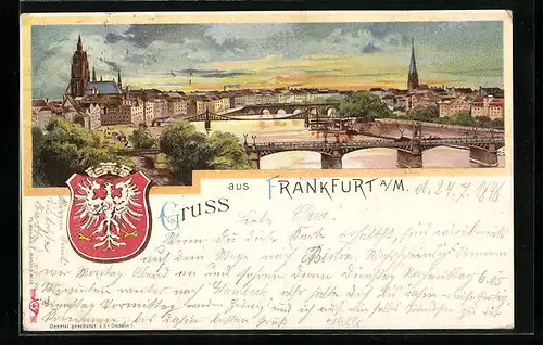 Lithographie Frankfurt, Gesamtansicht, Wappen