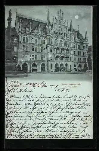 Mondschein-AK München, neues Rathaus mit Mariensäule