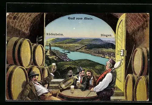 AK Rüdesheim, Blick aus dem Bierkeller über den Rhein auf Bingen