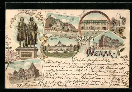 Lithographie Weimar, Göthe & Schiller Denkmal, Schillerhaus, Museum, Post