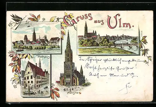 Lithographie Ulm, Ortsansicht mit Rathaus und Münster