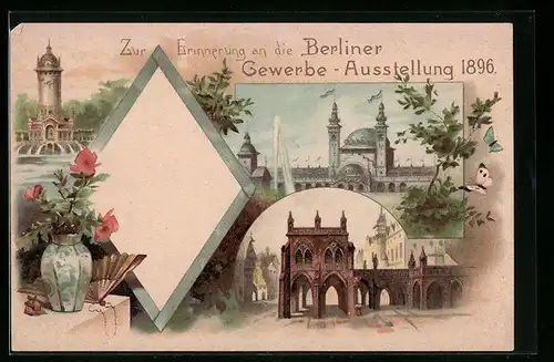 Lithographie Berlin, Gewerbe-Ausstellung 1896, Hauptgebäude, Portal & Turm mit Wasserspiel
